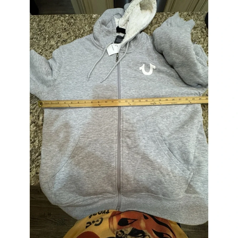 True Religion Sherpa Print Logo Seal Full Zip Hoodie in heather grey Size Large
